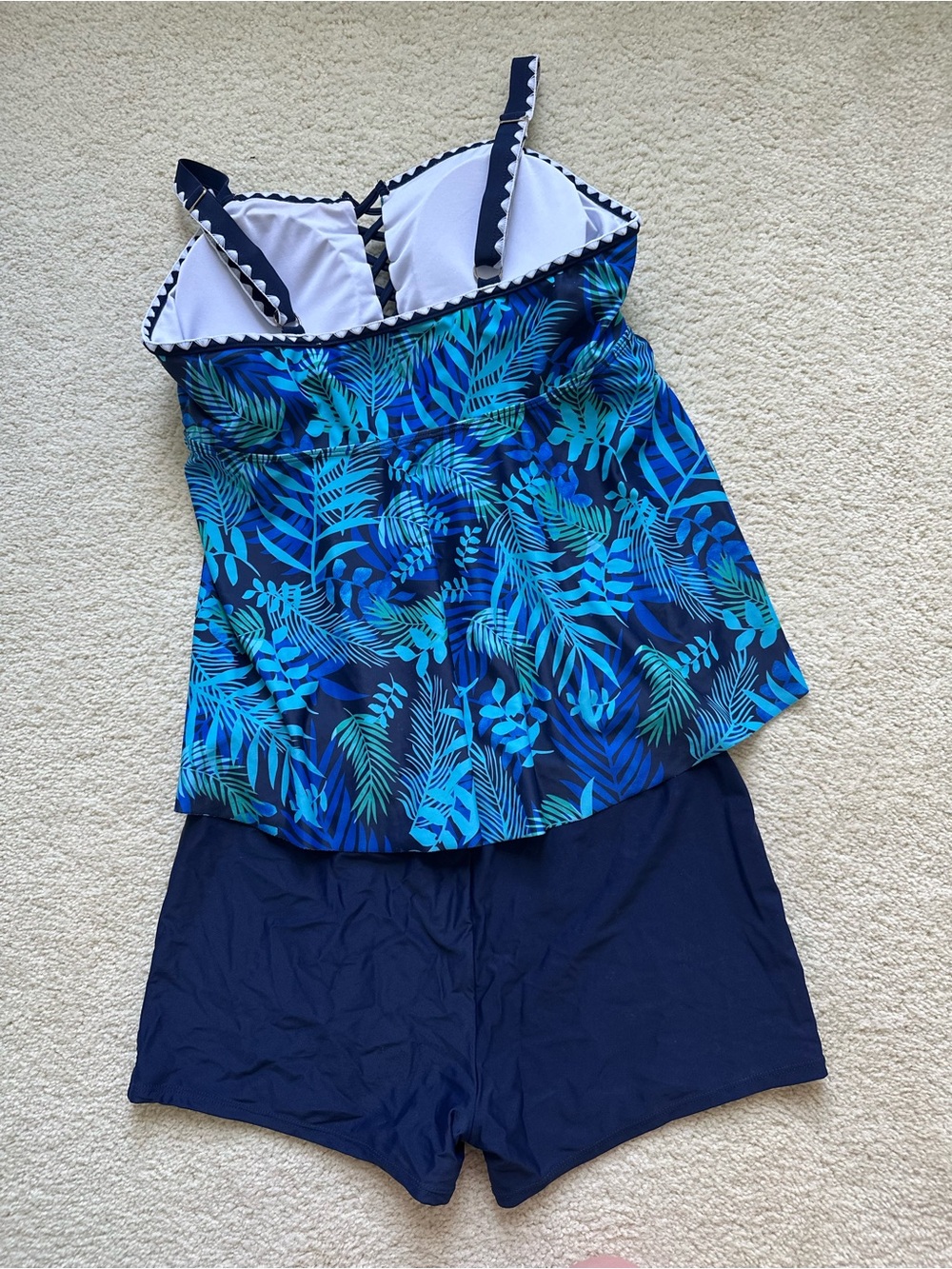 Blue Tropical Print Tankini Set with Navy Swim Shorts - Picture 3 of 4
